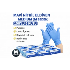 Mavi Nitril Eldiven Medium M Beden Pudrasız 100’lü 5 Kutu Tek Kullanımlık Muayene Eldiveni Lateksiz Koruyucu Eldiven Seti