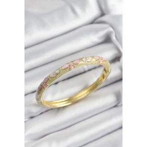 Mineli Pirinç Pembe Hardal Ve Krem Çiçek Motifli Gold Renk Kadın Kelepçe
