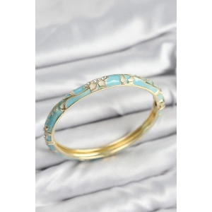 Mineli Pirinç Zirkon Taşlı Turkuaz Çiçek Motifli Gold Kadın Kelepçe