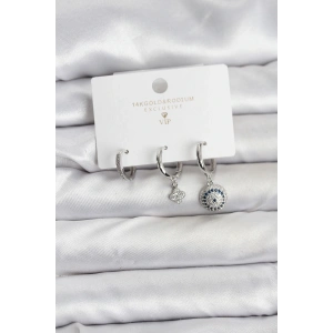 Nazar Model Gümüş Renk Pirinç 3lü Kadın Küpe Seti