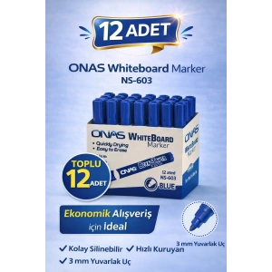 ONAS Whiteboard Marker NS-603 Mavi Tahta Kalemi 3 mm Yuvarlak Uç 12 Adet