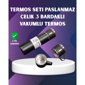 Paslanmaz Termos ve İkili Bardak Seti | 6-12 Saat Sıcak/Soğuk Tutma