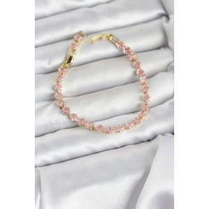 Pembe Kare Zirkon Taşlı Gold Renk Pirinç Su Yolu Kadın Bileklik