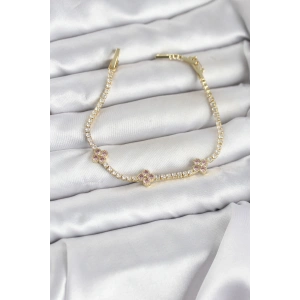 Pembe Yonca Detaylı Zirkon Taşlı Gold Renk Pirinç Su Yolu Kadın Bileklik