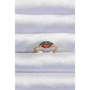 Pirinç Altın Renk Renkli Zirkon Taşlı Ayarlanabilir Karpuz Model Yüzük