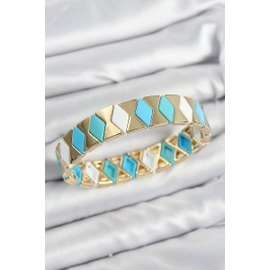 Pirinç Baklava Desenli Mavi Beyaz Gold Renk Lastikli Kadın Bileklik