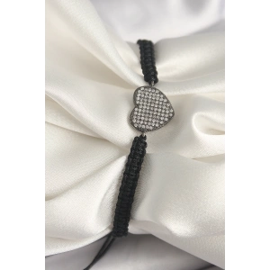 Pirinç Füme Renk Zirkon Taşlı Kalp Figür Asansörlü Makrome Model Kadın Bileklik