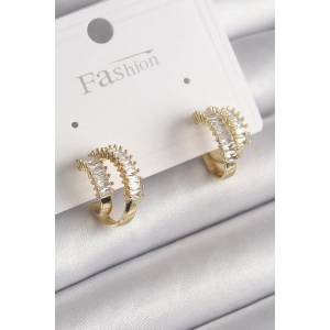 Pirinç Gold Renk 2Li Zirkon Taşlı Halka Model Kadın Küpe
