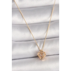 Pirinç Gold Renk 3D Zirkon Taşlı Elmas Model Kadın Kolye