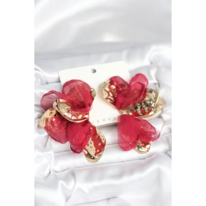 Pirinç Gold Renk Bordo Tüllü Lotus Kadın Küpe