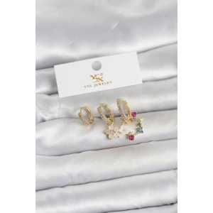 Pirinç Gold Renk Çiçek Model 3lü Kadın Küpe