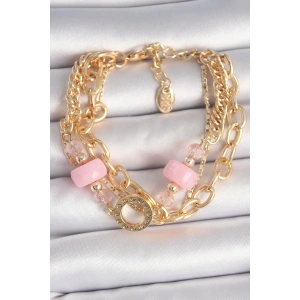 Pirinç Gold Renk Çoklu Pembe Taşlı Kadın Bileklik