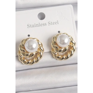 Pirinç Gold Renk İncili Sarmal Burgu Model Kadın Küpe