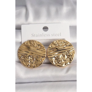 Pirinç Gold Renk İşlemeli Daire Plaka Model Kadın Küpe