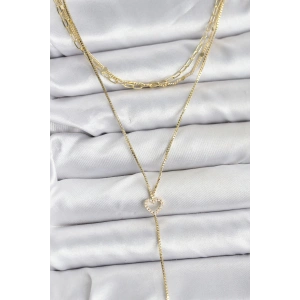 Pirinç Gold Renk Kalp Detaylı 3lü Kombin Y Kadın Kolye