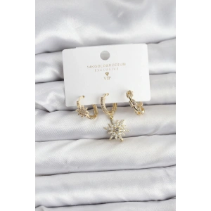 Pirinç Gold Renk Kutup Yıldızı Model 3lü Kadın Küpe Seti