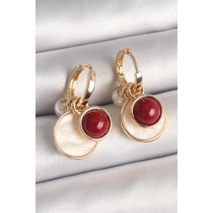 Pirinç Gold Renk Sallantı Beyaz Mineli Bordo Detay Kadın Küpe