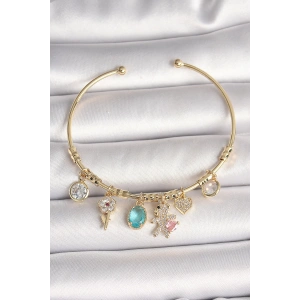 Pirinç Gold Renk Sallantı Zirkon Taşlı AYıcık Figür Kalp Detay Charm Kadın Bileklik