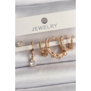 Pirinç Gold Renk Sallantı Zirkon Taşlı Halka Model Damla Zirkon Taş Detay Çoklu Kadın Küpe Seti