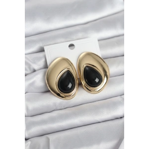 Pirinç Gold Renk Siyah Taşlı Damla Model Vintage Kadın Küpe