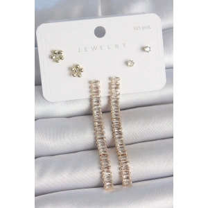 Pirinç Gold Renk Su Yolu Zirkon Taşlı Sallantı Model Çiçek Detay 925 Ayar Gümüş Çivi Kadın Küpe Seti