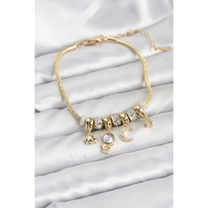 Pirinç Gold Renk Uzay Tema Charmlı Kadın Bileklik