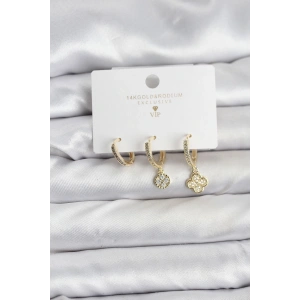 Pirinç Gold Renk Yonca Model 3lü Kadın Küpe Seti