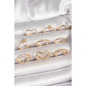 Pirinç Gold Renk Zirkon Taş Detaylı Kalp Yıldız Figür Kadın Yüzük Kombini