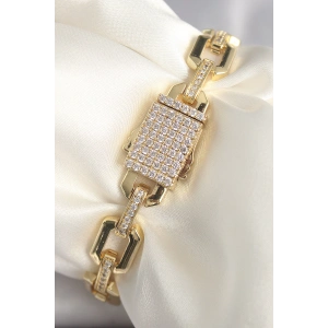 Pirinç Gold Renk Zirkon Taş Detaylı Kare Zincir Model Xuping VIP Exculusive Seri Kadın Bileklik