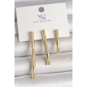 Pirinç Gold Renk Zirkon Taşlı Bambu Model 3Lü Kadın Kombin Küpe