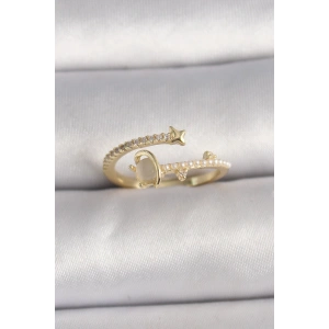 Pirinç Gold Renk Zirkon Taşlı Beyaz Mineli Yıldız Detaylı Ayarlanabilir Kadın Yüzük