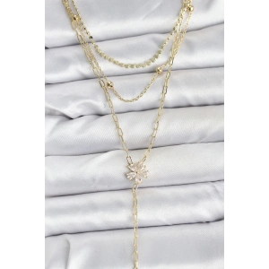 Pirinç Gold Renk Zirkon Taşlı Çiçek Model Detaylı 3lü Kombin Y Kadın Kolye