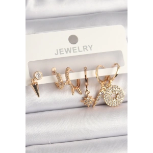 Pirinç Gold Renk Zirkon Taşlı Çoklu Figür Kadın Küpe Seti