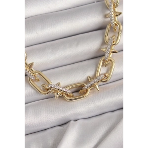 Pirinç Gold Renk Zirkon Taşlı Dikenli Halka Model VIP Exculusive Seri Kadın Kolye