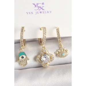 Pirinç Gold Renk Zirkon Taşlı Fatma Ana El Yonca Figür Göz Detay 3Lü Kadın Kombin Küpe