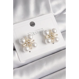 Pirinç Gold Renk Zirkon Taşlı İncili Kadın Küpe