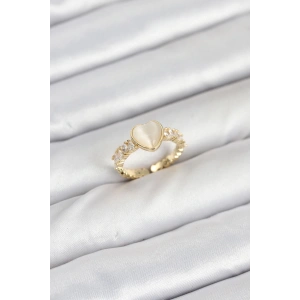 Pirinç Gold Renk Zirkon Taşlı Kalpli Kadın Yüzük
