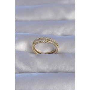 Pirinç Gold Renk Zirkon Taşlı Kalpli Su Yolu Model Ayarlanabilir Yüzük