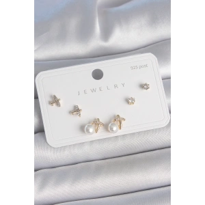 Pirinç Gold Renk Zirkon Taşlı Kelebek Model İnci Detay 925 Ayar Gümüş Çivi Kadın Küpe Seti