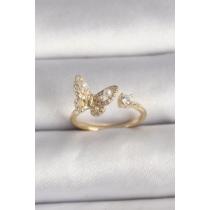 Pirinç Gold Renk Zirkon Taşlı Kelebek Model İnci Detay Ayarlanabilir Yüzük