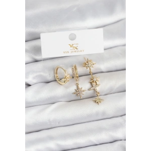 Pirinç Gold Renk Zirkon Taşlı Kutup Yıldızı Model YSX Trio Küpe Seti