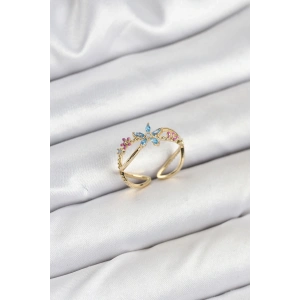 Pirinç Gold Renk Zirkon Taşlı Mavi Çiçekli Kadın Yüzük