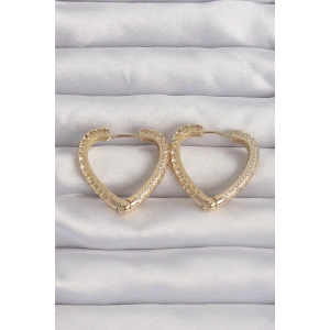 Pirinç Gold Renk Zirkon Taşlı Motifli Kalp Küpe