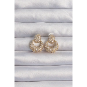 Pirinç Gold Renk Zirkon Taşlı Oval Form Küpe