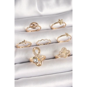 Pirinç Gold Renk Zirkon Taşlı Sonsuzluk Figür Yıldız Detay Kadın Yüzük Kombini