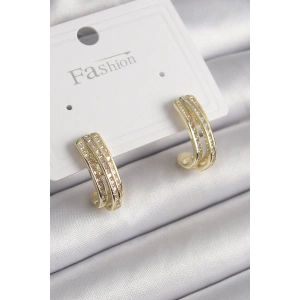 Pirinç Gold Renk Zirkon Taşlı Yarım Halka Model Kadın Küpe