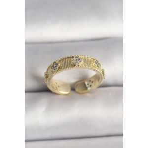 Pirinç Gold Renk Zirkon Taşlı Yonca İşlemeli Ayarlanabilir Yüzük