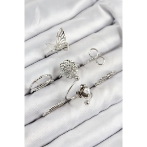 Pirinç Gül Kelebek Model Gümüş Renk Kadın Yüzük Kombin Set