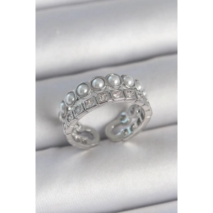 Pirinç Gümüş Renk 2Li Sıra Zirkon Taşlı Ve İncili Ayarlanabilir Kadın Yüzük