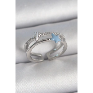 Pirinç Gümüş Renk 2Li Zirkon Taşlı Mavi Yıldız Figür Ayarlanabilir Kadın Yüzük